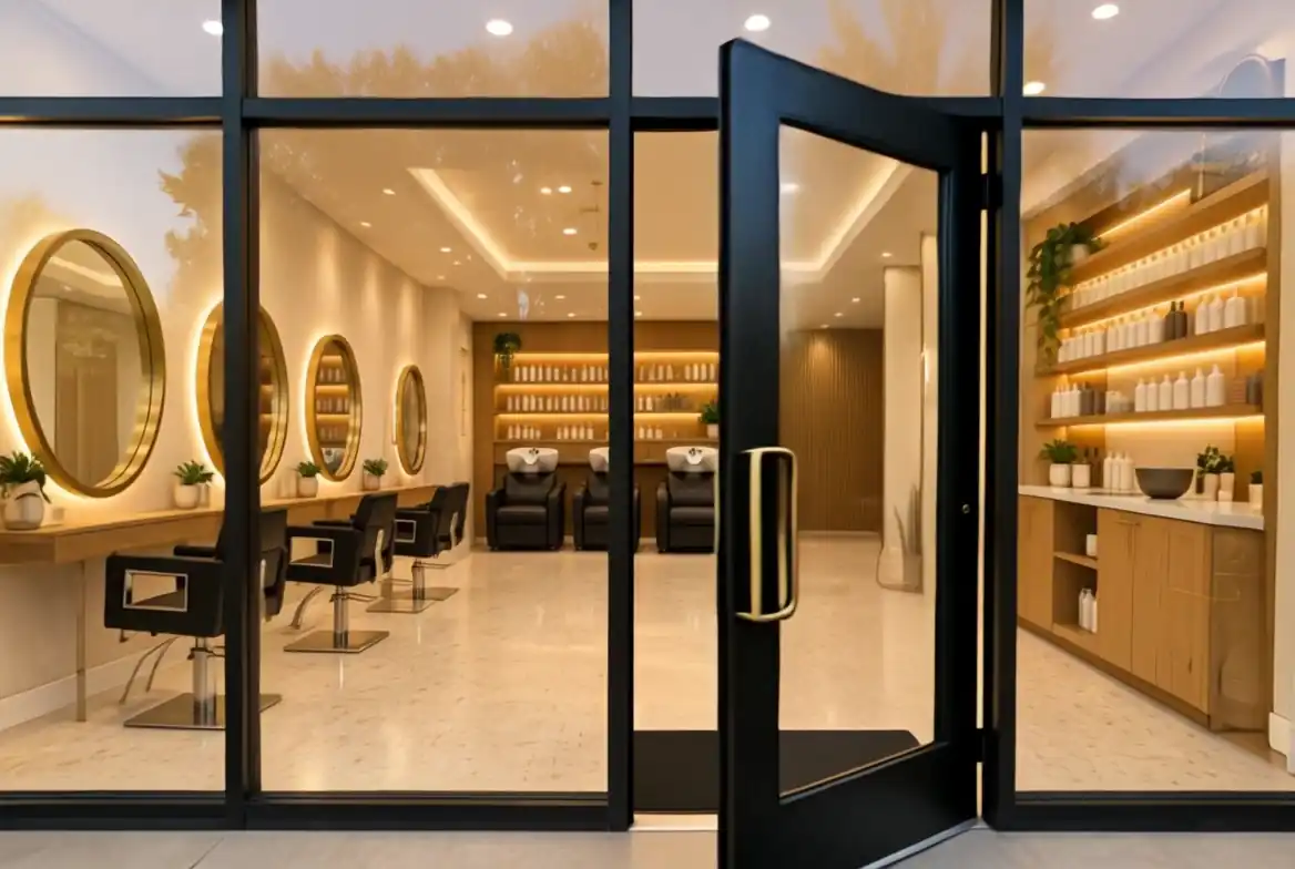 The glass door held open, with the cutting chairs, round brass mirrors and lit shelves inside.