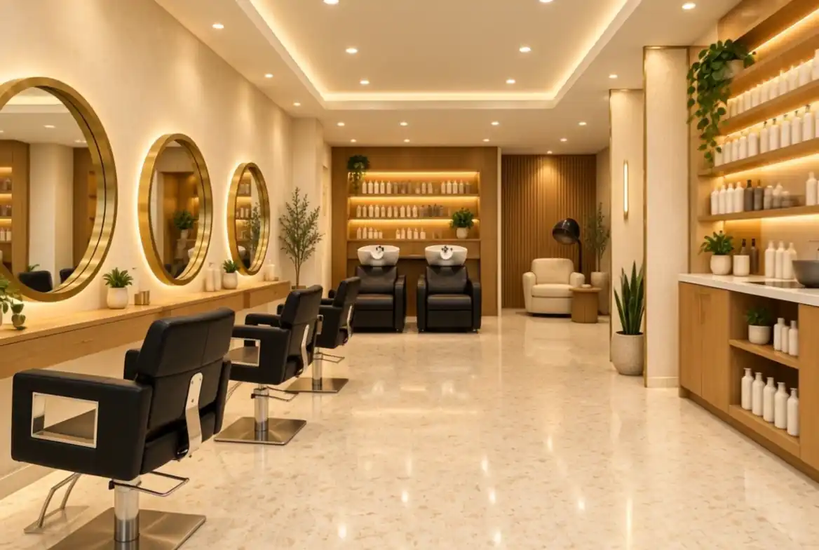 Black leather styling chairs facing round brass-framed mirrors along a honey oak counter, with the wash chairs at the back.