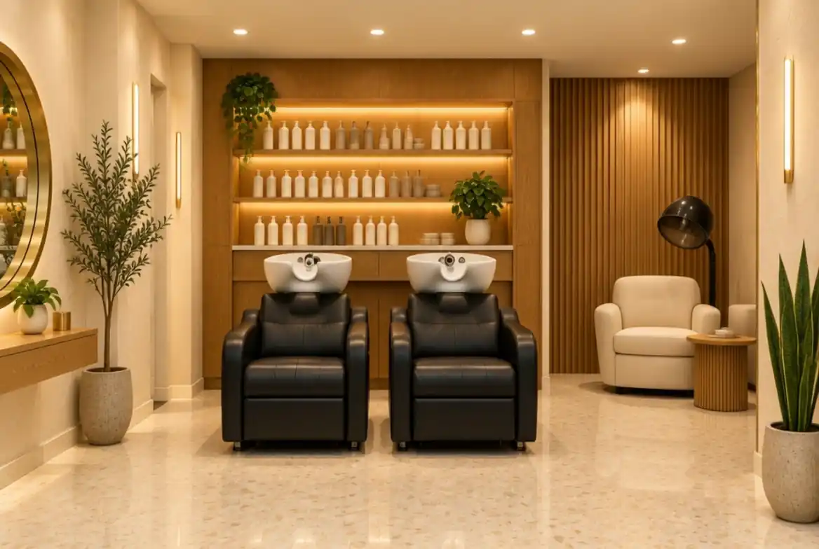 Two black reclining wash chairs with white bowls in front of lit oak shelves.