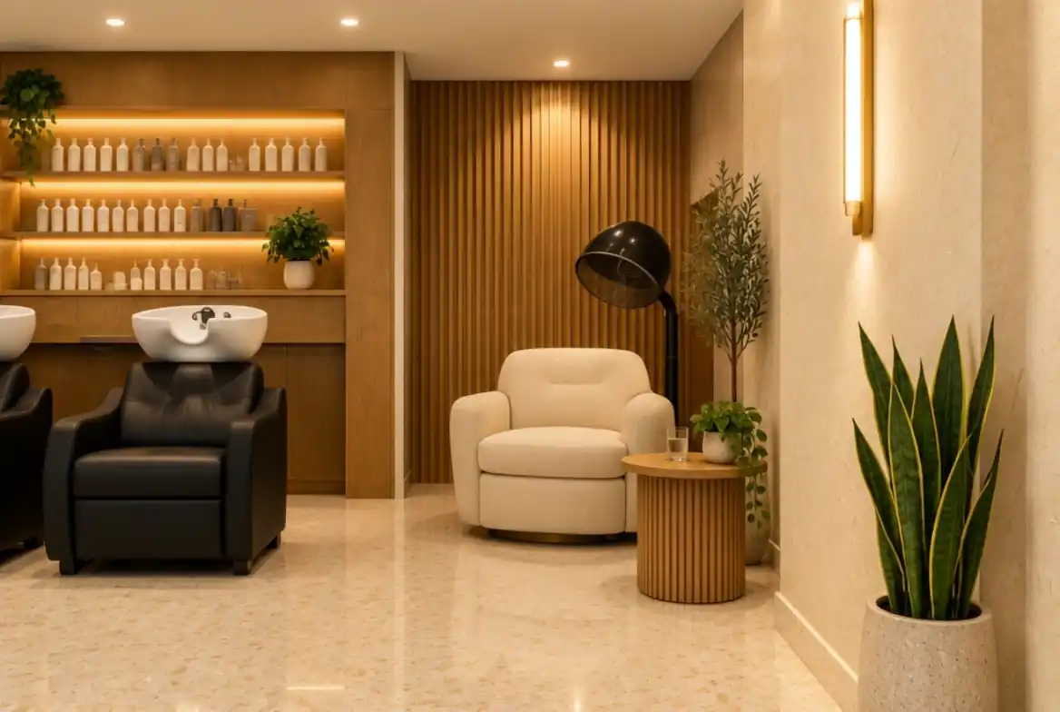 A cream lounge chair beside a black hood dryer, next to a small oak side table and a tall plant.