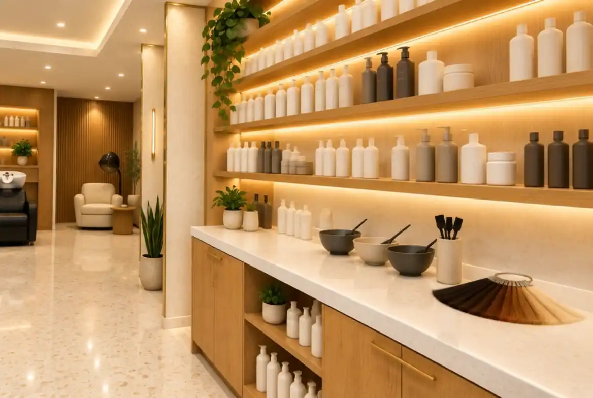 The color bar: a white counter with mixing bowls, brushes and a fan of color swatches under lit oak shelves of plain bottles.